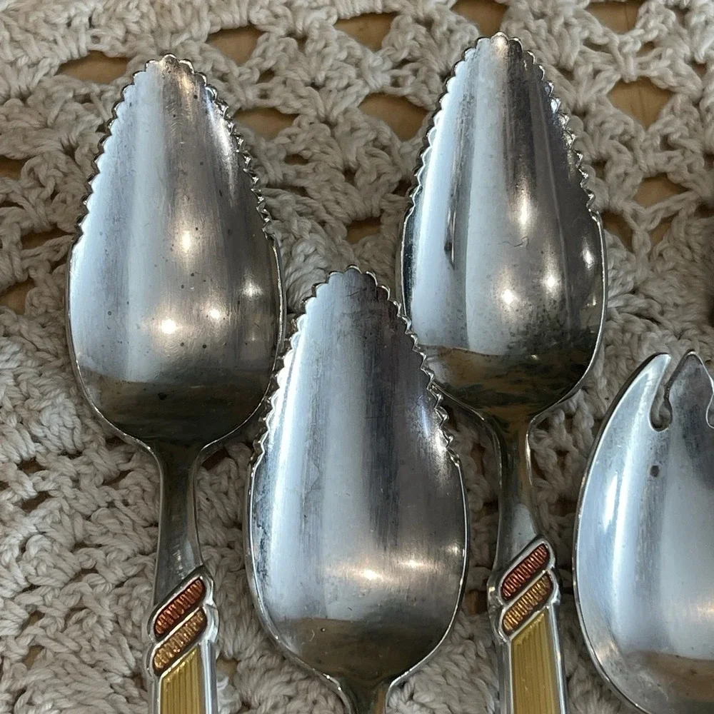 Vintage Mid Century Yellow Plastic Inlay Flatware Spoons Dessert Citrus Sporks